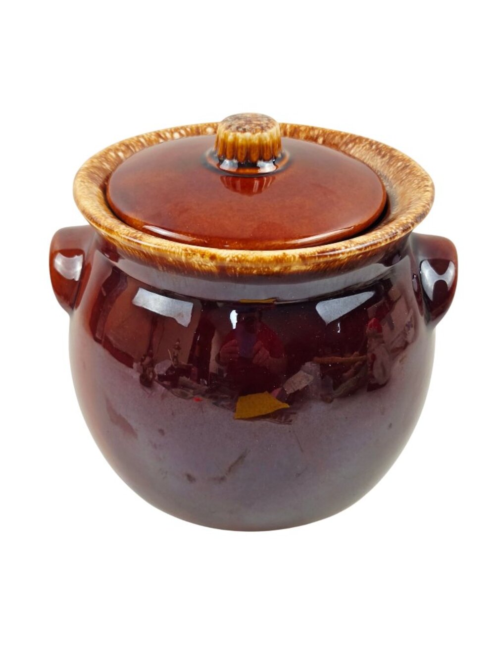 Hull Pottery Bean Pot Brown Drip Glaze Glossy Lid Cookie Jar Oven Proof USA